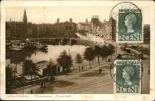 Amsterdam Panorama Damrak Schiff Strassenbahn Kat. Amsterdam