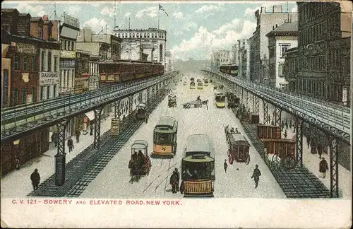 New York City Bowery and Elevated Road Strassenbahn Pferdewagen Hochbahn / New York /