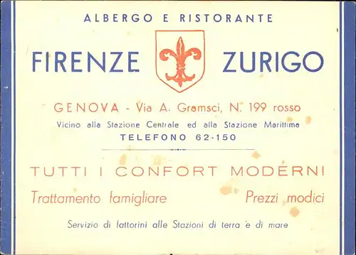 Genova Albergo e Ristorante Firenze Zurigo Kat. Genova