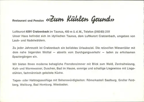 Cratzenbach Gastaette Pension Zum Kuehlen Grund G. Hedwig Kat. Weilrod