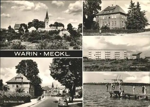 Warin Teilansicht Kirche Postamt Ernst Thaelmann Strasse AWG Neubauten Badesteg am Wariner See  Kat. Warin