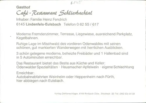 Eulsbach Cafe Restaurant Schlierbachtal Kat. Lindenfels