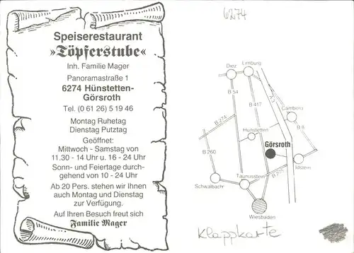 Huenstetten Toepferstube Klappkarte Kat. Huenstetten