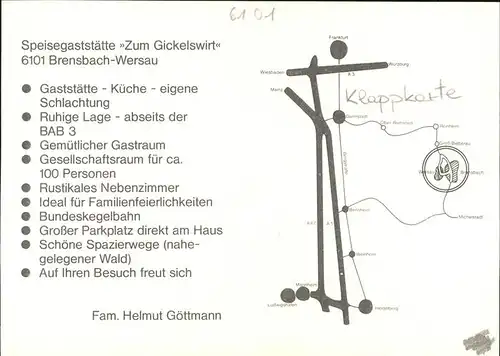 Brensbach Speisegaststaette Zum Gickelswirt Klappkarte Kat. Brensbach