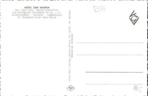 Reifferscheid Adenau Hotel Zum Wappen Karl Feld Kat. Reifferscheid