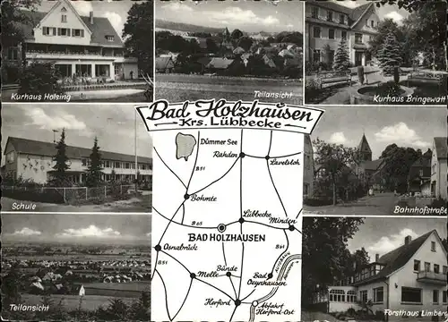 Holzhausen Luebbecke Kurhaus Holsing Schule Kurhaus Bringewatt Bahnhofstrasse Forsthaus Limberg uebersichtskarte Bad Holzhausen Kat. Preussisch Oldendorf