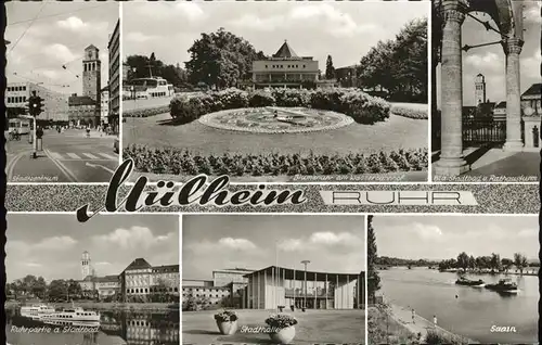 Muelheim Stadtzentrum Wasserbahnhof mit Blumenuhr Rathausturm Stadtbad Stadthalle Ruhr Kat. Muelheim an der Ruhr