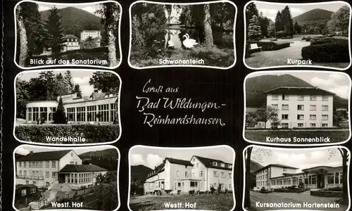 Reinhardshausen Kursanatorium Hartenstein Schwanenteich Kurpark Wandelhalle Kurhaus Sonnenblick  Kat. Bad Wildungen