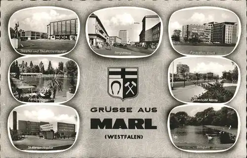 Marl Westfalen Theater Parkbad Loemuehle St. Marien Hospital Volkspark Chemische Werke Paracelsus Klinik Bergstrasse Stadtwappen  Kat. Marl