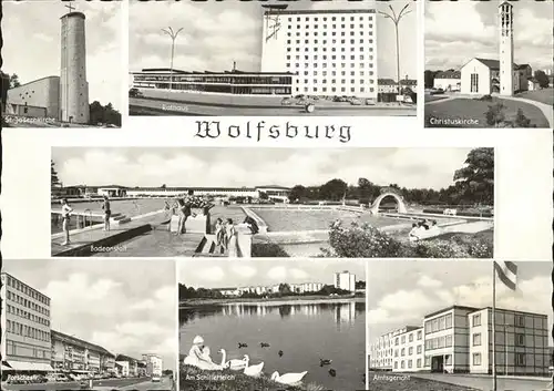 Wolfsburg St. Josephskirche Rathaus Christuskirche Badeanstalt Porschestrasse Schillerteich Amtsgericht Kat. Wolfsburg