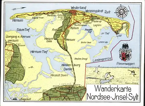 Sylt Wanderkarte Moewenstrand Westerland Wappen Kat. Sylt Ost