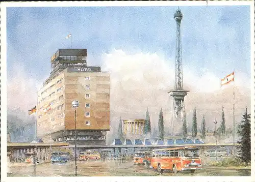 Berlin Aquarell Europa Hotel Funkturm Omnibusbahnhof Kat. Berlin