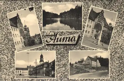 Auma Rathaus Postsaeule Marktplatz Jugendheim Sophienbad / Auma /Greiz LKR