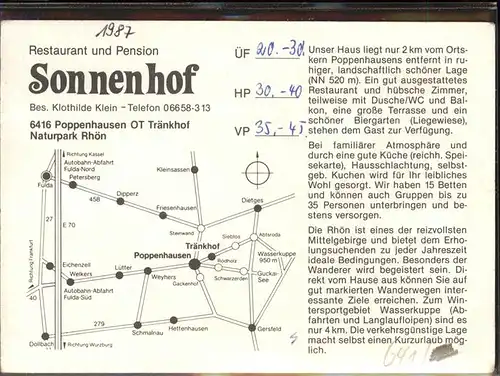 Poppenhausen Wasserkuppe Restaurant Pension Sonnenhof / Poppenhausen (Wasserkuppe) /Fulda LKR