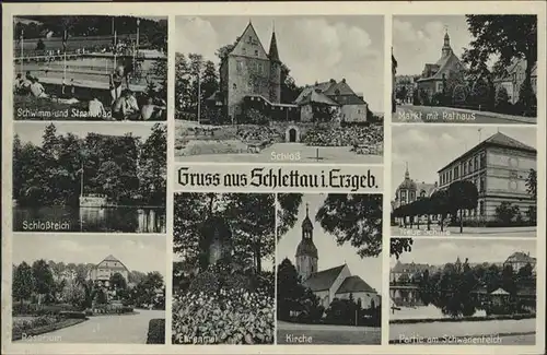 Schlettau Erzgebirge Schwimm- und Strandbad Schloss Markt Rathaus Schlossteich Kirche Schwanenteich / Schlettau Erzgebirge /Erzgebirgskreis LKR