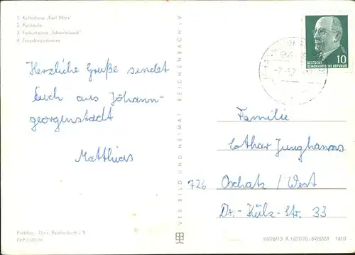 Johanngeorgenstadt Kulturhaus Karl Marx Postsaeule Frienheime Schwefelwerk Erzgebirgsschanze Kat. Johanngeorgenstadt