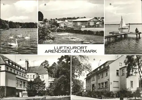 Arendsee Altmark FDGB Erholungsheim Haus am See, Segelboot, Schwaene, Bungalowsiedlung