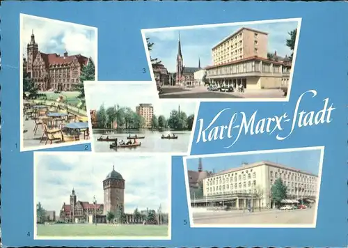 Karl-Marx-Stadt Roter Turm Hote Chemnitzer Hof Schlossteich Boote Kat. Chemnitz