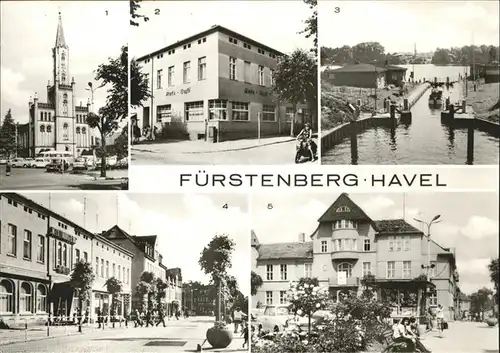 wz38236 Fuerstenberg Havel Gasstaette Ratscafe Schleuse Schiffe Autos Moped HO Hotel Mecklenburger Hof Kategorie. Fuerstenberg Alte Ansichtskarten