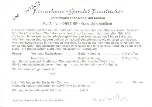 Nebel Amrum Ferienhaus Gundel Friedrichs Kat. Nebel