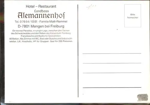 Mengen Schallstadt Hotel Restaurant Alemannenhof Landhaus Kat. Schallstadt