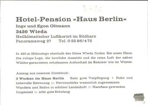 Wieda Hotel Pension "Haus Berlin" Kat. Wieda