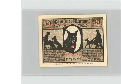 Oldenburg Niedersachsen 50 Pfennig Deutscher Fuehrhund fuer Kriegsblinde / Oldenburg (Oldenburg) /Oldenburg  Stadtkreis