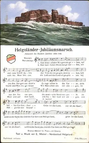 Helgoland Jubilaeumsmarsch Notenblatt Hundertjahrfeier 1926 / Helgoland /Pinneberg LKR