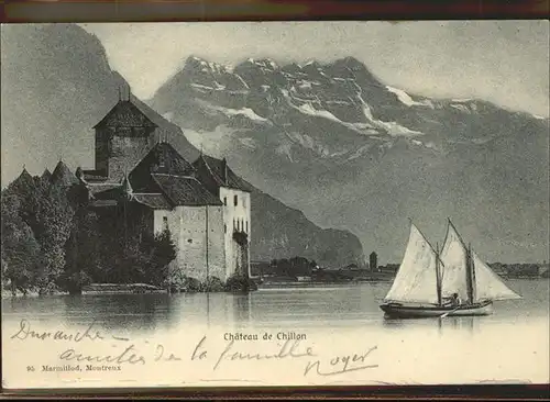 Chillon Chateau de Chillon et Dents du Midi Wallis Genfer See Segelboot Kat. Montreux