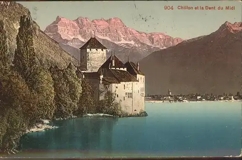 Chillon Chateau de Chillon et Dents du Midi Wallis Genfer See Kat. Montreux