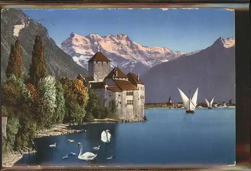 Chillon Chateau de Chillon et Dents du Midi Wallis Genfer See Segelboote Schwaene Kat. Montreux