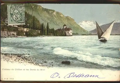 Chillon Chateau de Chillon et Dents du Midi Wallis Genfer See Segelboote Kat. Montreux