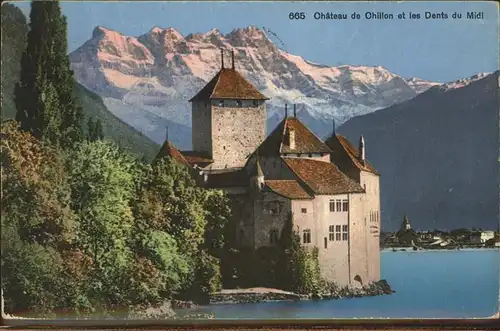 Chillon Chateau de Chillon et Dents du Midi Wallis Genfer See Kat. Montreux