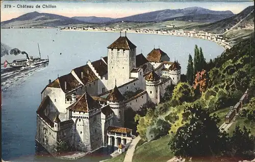 Chillon Chateau de Chillon Lac Leman Dampfer Kuenstlerkarte Kat. Montreux