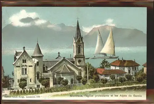 Montreux VD L eglise protestante et les Alpes de Savoie Seegelboot Kuenstlerkarte / Montreux /Bz. Vevey