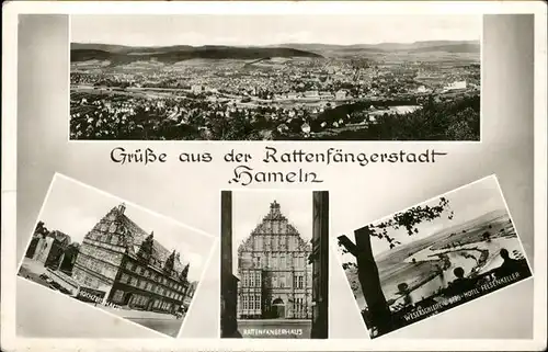 Hameln Panorama mit Hochzeitshaus Rattenfaengerhaus Weserschleife Kat. Hameln