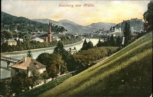 Salzburg Oesterreich Teilansicht Salzburg Blick von Muelln Salzach Kirche Festung Bruecke Kat. Salzburg