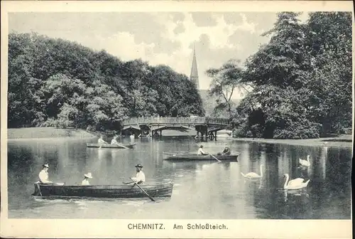 Chemnitz Schlossteich mit Inselbruecke Ruderboote Schwaene Kat. Chemnitz