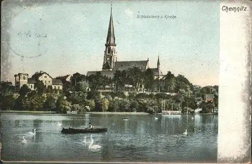 Chemnitz Schlossteich Ruderboot Schwaene Schlosskirche Kat. Chemnitz