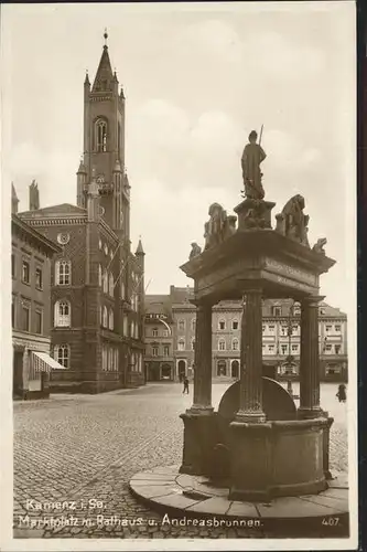 Kamenz Sachsen Marktplatz mit Rathaus und Andreasbrunnen Kat. Kamenz
