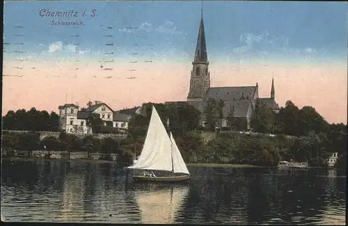 Chemnitz Schlossteich mit Schlosskirche Segelboot Kat. Chemnitz