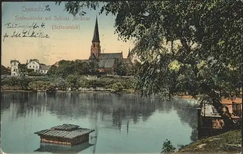 Chemnitz Schlosskirche mit Schloss Miramar Schlossteich Kuenstlerkarte Kat. Chemnitz