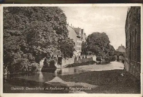 Chemnitz Chemnitzfluss mit Kastanien und Kassbergbruecke Kat. Chemnitz