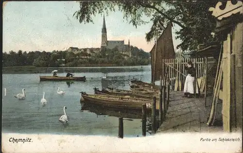 Chemnitz Bootssteg Schlossteich Schlosskirche Kuenstlerkarte Kat. Chemnitz