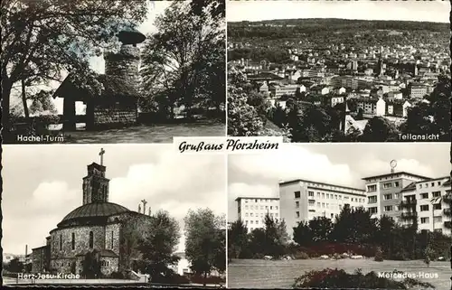 Pforzheim Teilansicht Hachelturm Herz Jesu Kirche Mercedes Haus Kat. Pforzheim