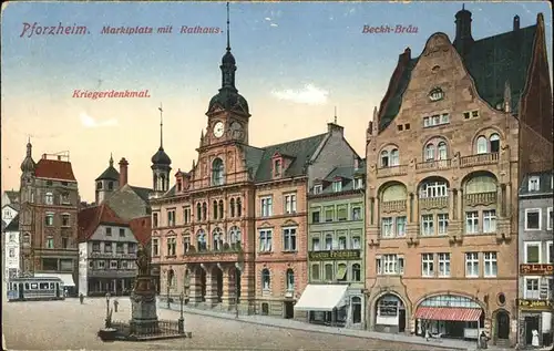 Pforzheim Marktplatz mit Rathaus und Kriegerdenkmal Kat. Pforzheim