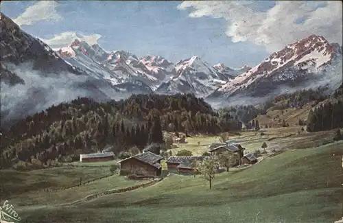 Schwand Oberstdorf Ortsansicht mit Alpenpanorama Kuenstlerkarte Kat. Oberstdorf