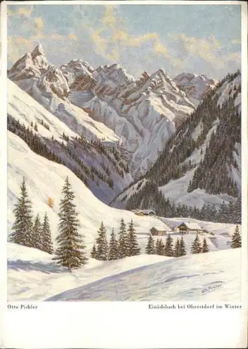 Einoedsbach im Winter mit Alpenpanorama Kuenstlerkarte Kat. Oberstdorf