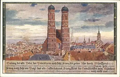 Muenchen Blick auf Muenchen und Spruch ueber Muenchner Gemuetlichkeit Kat. Muenchen