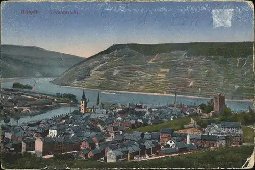 Bingen Rhein Blick ueber die Stadt zum Rhein Kirche Burg Kat. Bingen am Rhein